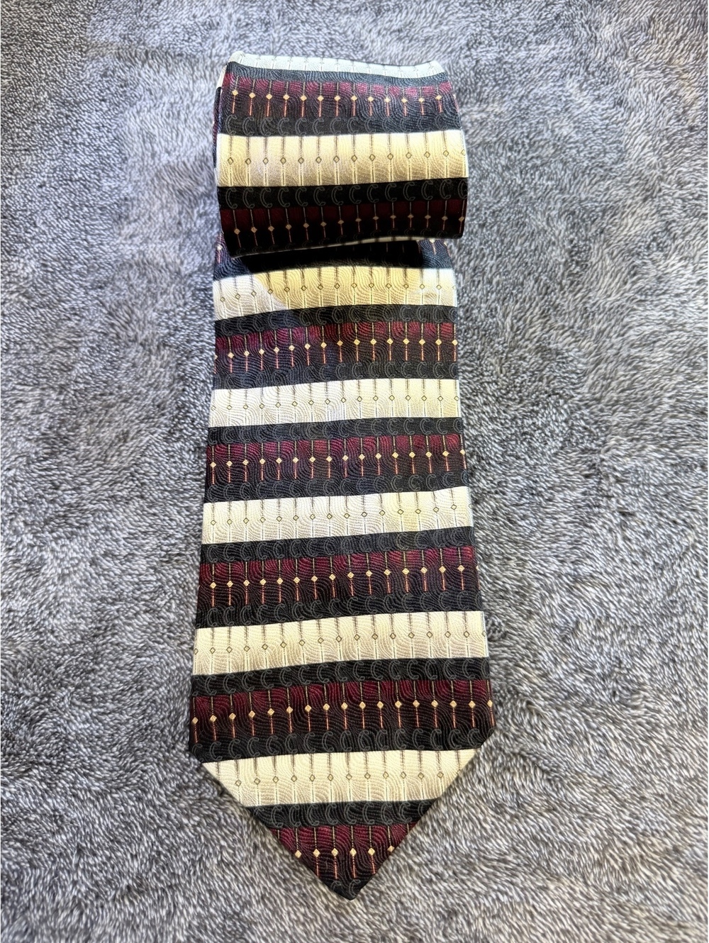 Di Moggio Gold Silk Tie Burgundy Black and Cream Striped Pattern